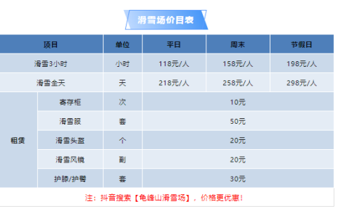 2024-2025龟峰山滑雪场价格表